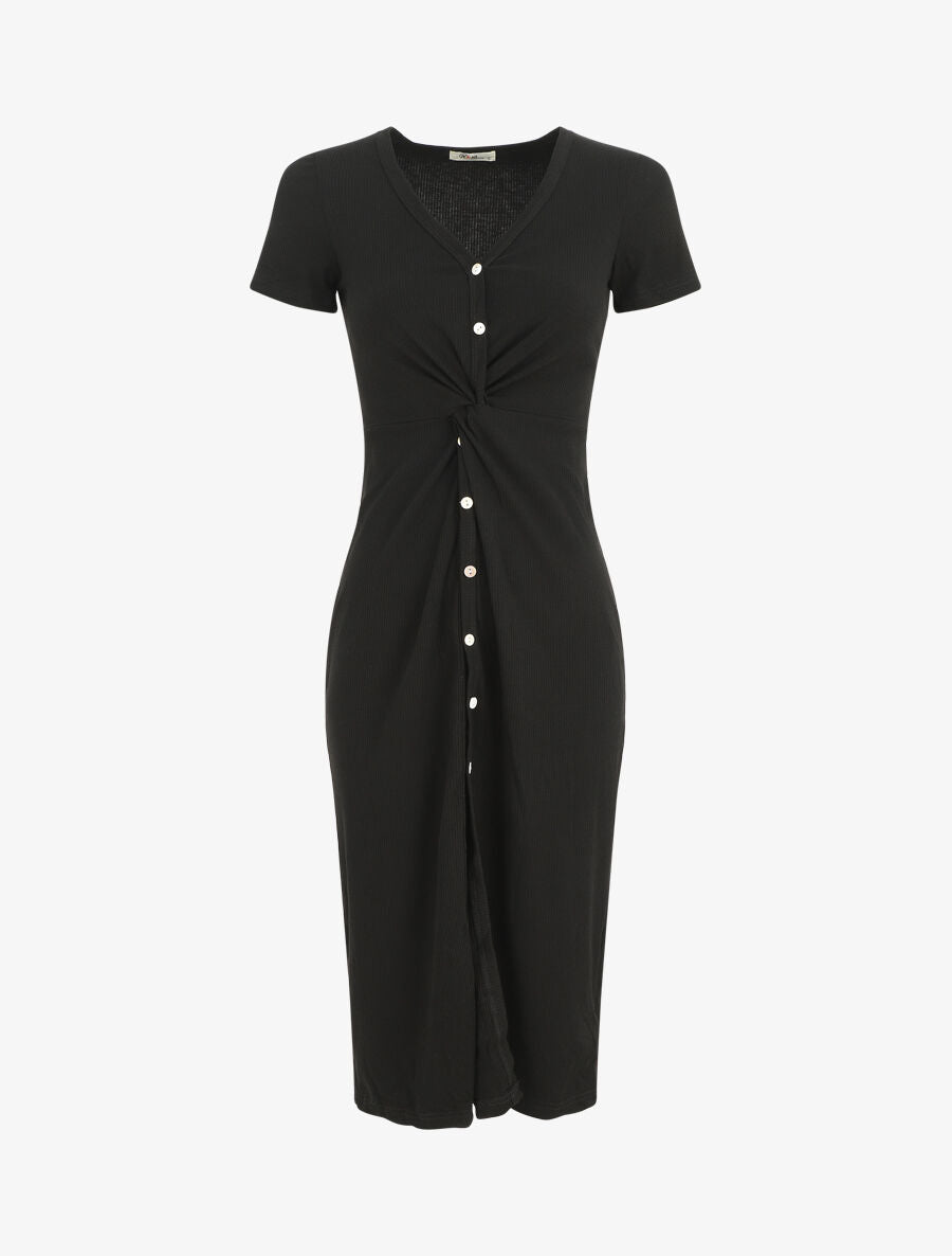 Robe longue côtelée boutonnée - Noir - 1