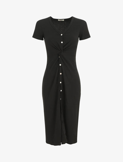 Robe longue côtelée boutonnée - Noir - 1