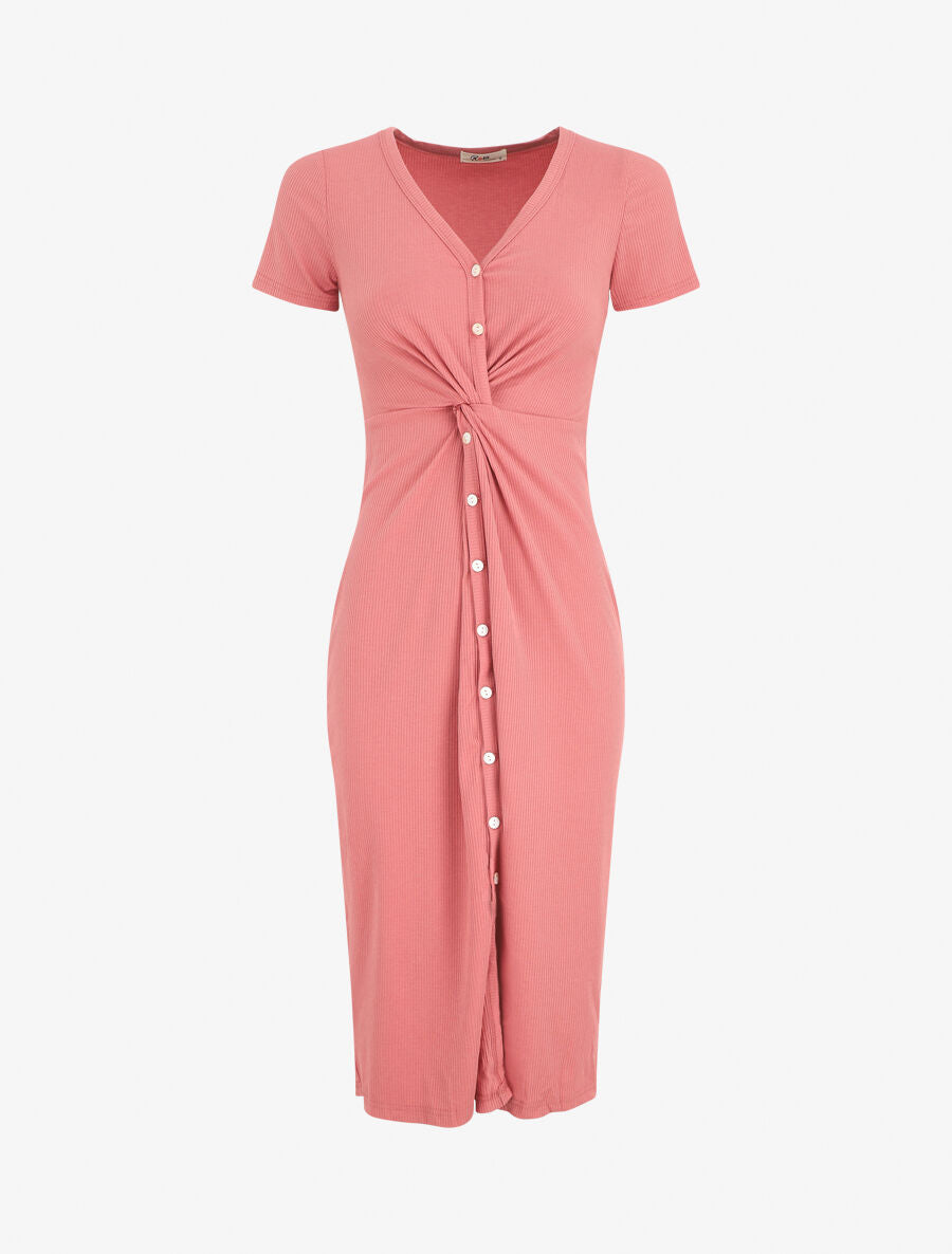 Robe longue côtelée boutonnée - Rose - 5