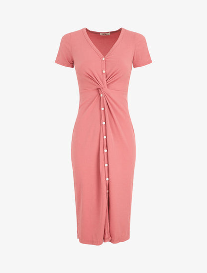 Robe longue côtelée boutonnée - Rose - 5