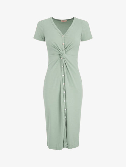 Robe longue côtelée boutonnée - Vert d&