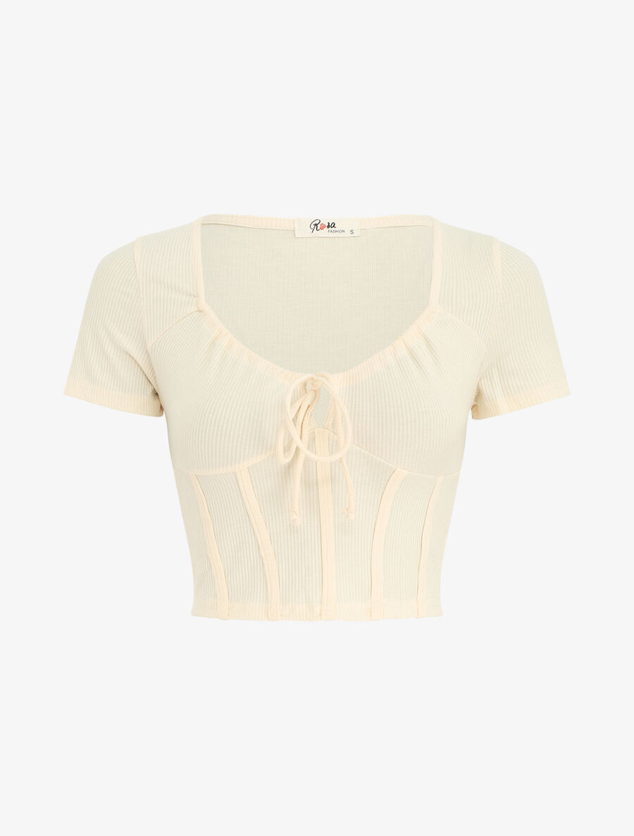 Crop top style corset manches courtes - Beige - 4