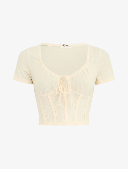 Crop top style corset manches courtes - Beige - 4