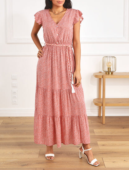 Robe longue à mancherons imprimé tulipe - Rose - 4