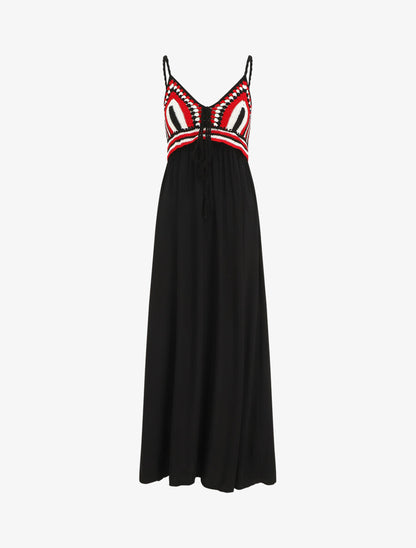 Robe longue à buste brodé - Noir - 1