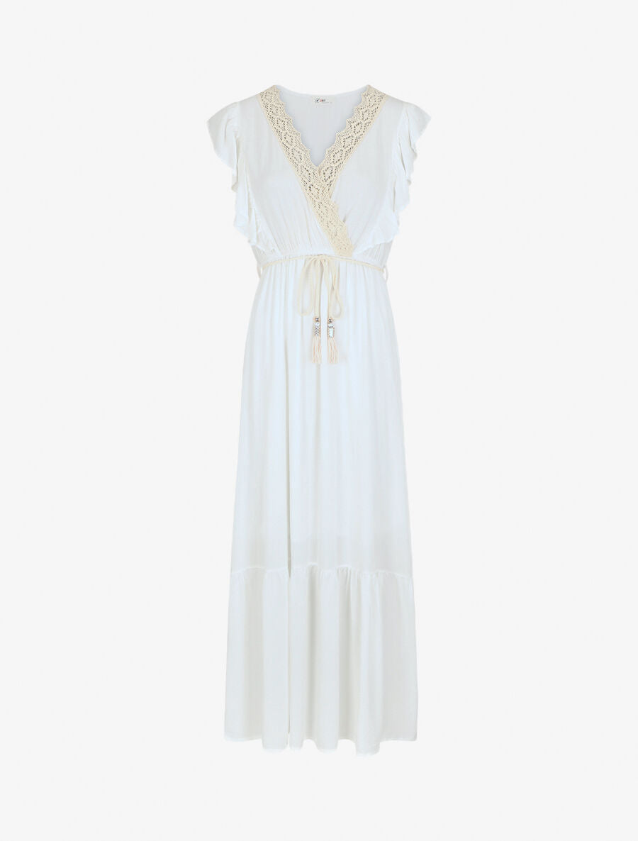 Robe longue élastiquée à col en crochet - Blanc - 1