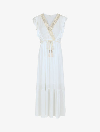 Robe longue élastiquée à col en crochet - Blanc - 1
