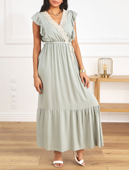 Robe longue élastiquée à col en crochet - Vert d&