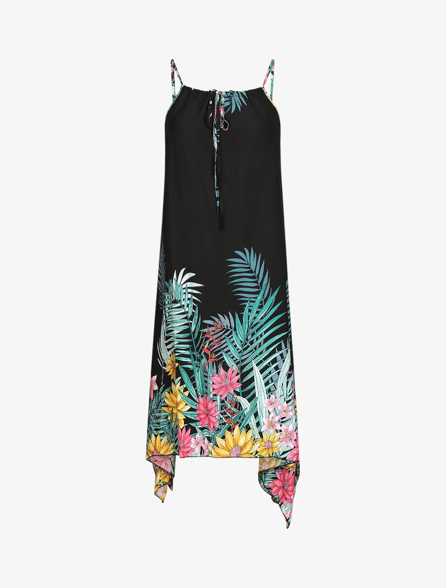 Robe longue imprimé floral à fines bretelles - Noir - 1