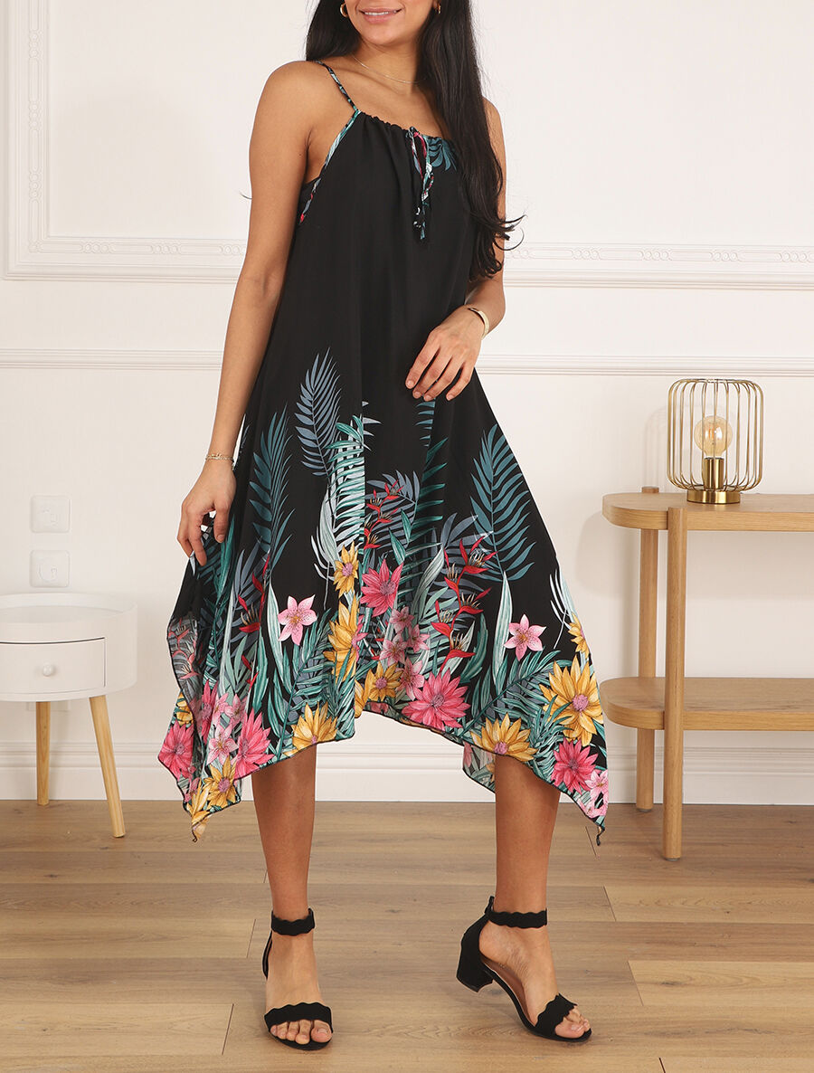 Robe longue imprimé floral à fines bretelles - Noir - 4