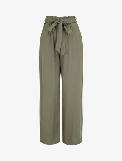 Pantalon droit uni taille haute élastiquée - Kaki - 1