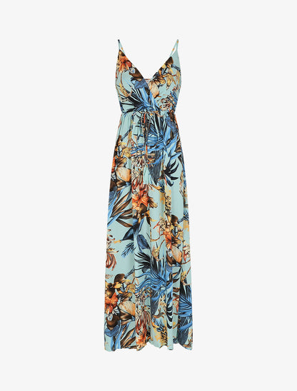 Robe longue élastiquée à imprimé fleurs tropical - Vert d&