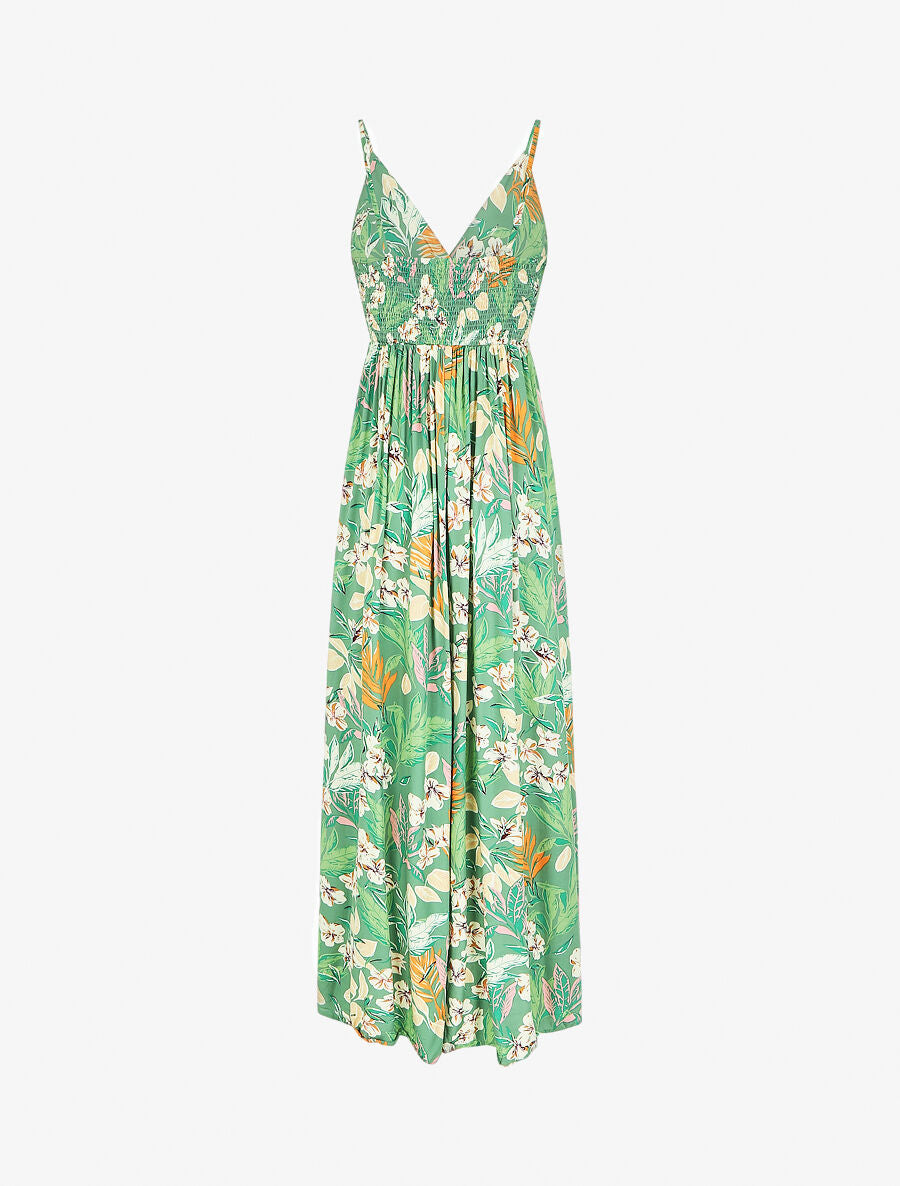 Robe longue élastiquée à imprimé feuillage - Vert - 3