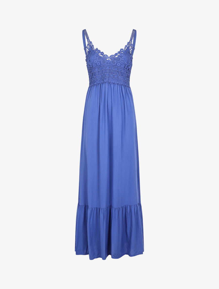 Robe longue à bretelles et col en dentelle - Bleu - 1