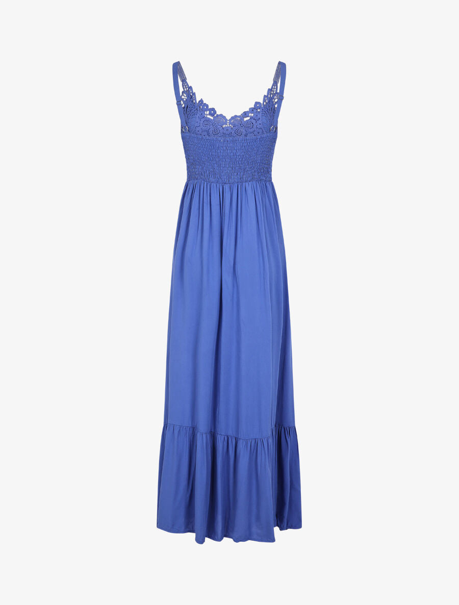 Robe longue à bretelles et col en dentelle - Bleu - 2