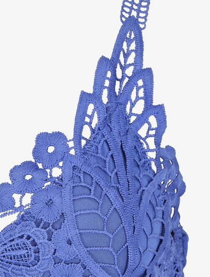 Robe longue à bretelles et col en dentelle - Bleu - 3