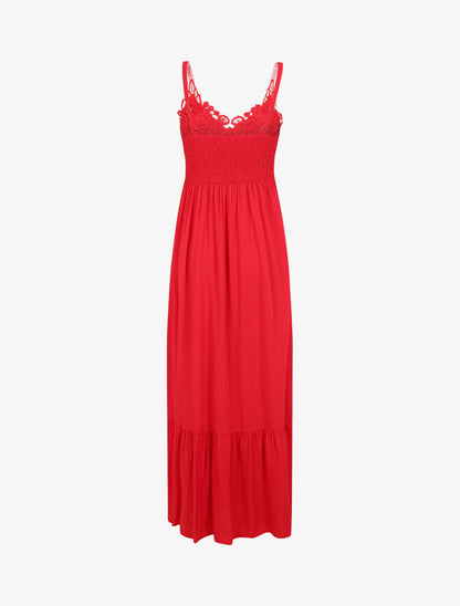 Robe longue à bretelles et col en dentelle - Rouge - 2