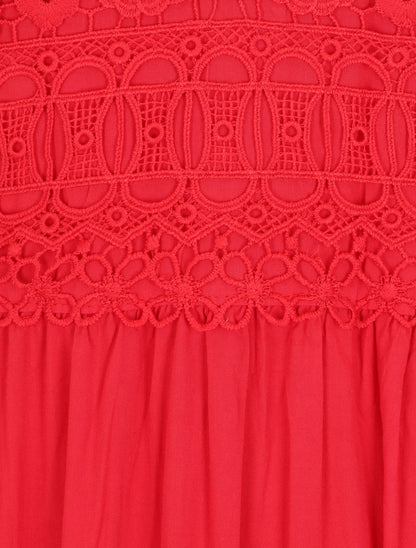 Robe longue à bretelles et col en dentelle - Rouge - 3