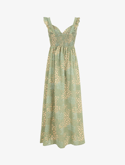 Robe longue léopard évasée bretelles volantées - Vert - 3