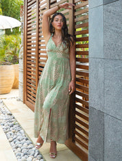Robe longue léopard évasée bretelles volantées - Vert - 1