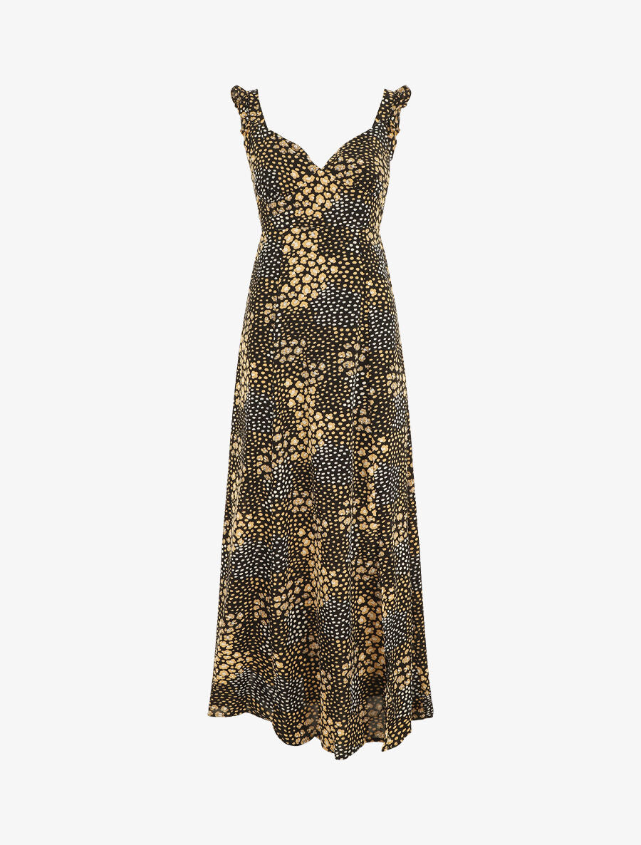 Robe longue léopard évasée bretelles volantées - Noir - 1