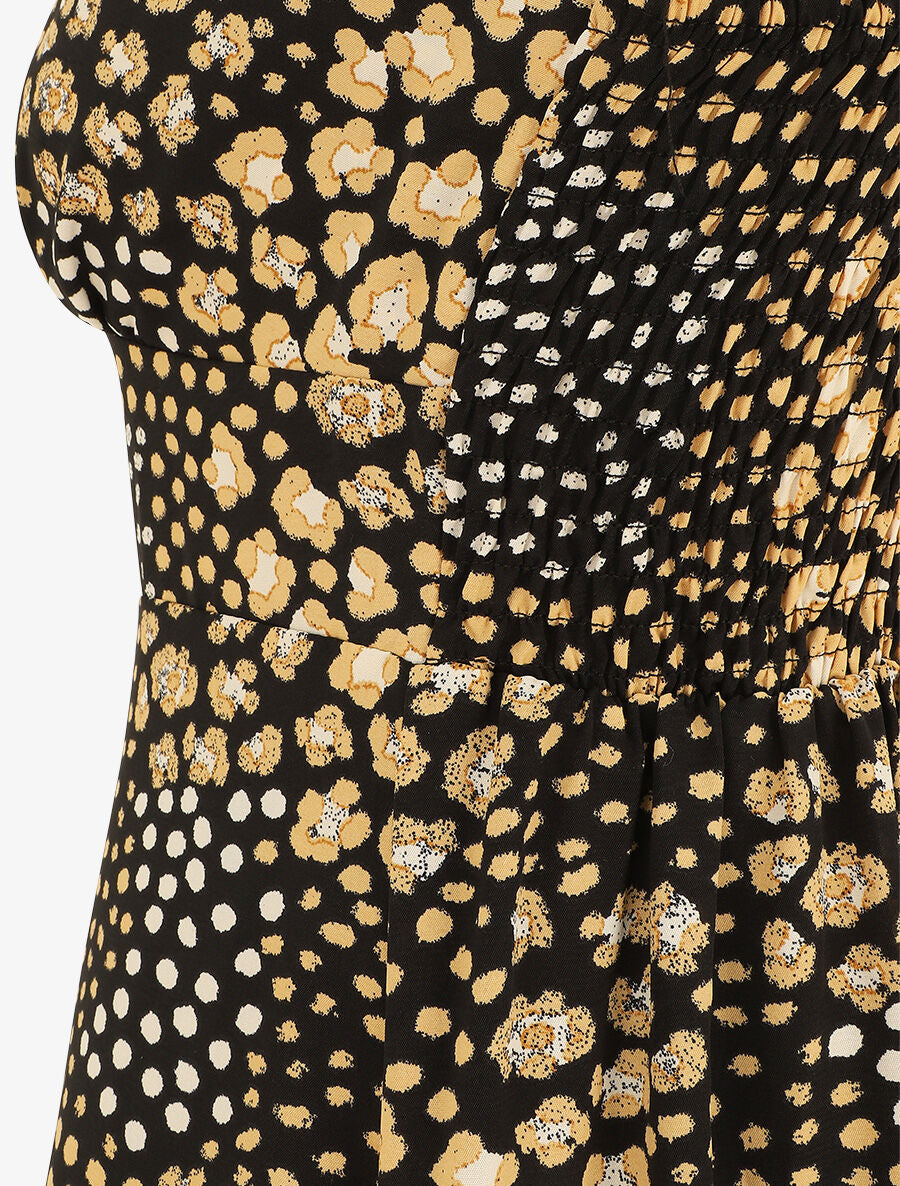 Robe longue léopard évasée bretelles volantées - Noir - 3