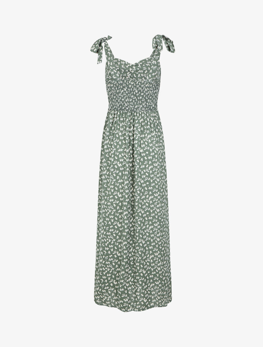 Robe longue imprimé fantaisie à bretelles à nouer - Vert gris - 2