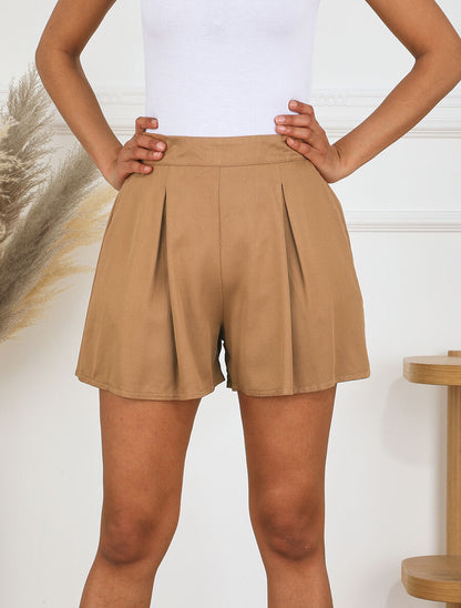 Short taille haute évasé uni - Camel - 4