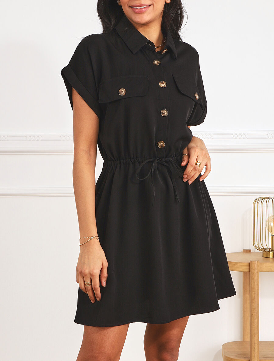 Robe chemise courte unie manches courtes - Noir - 4