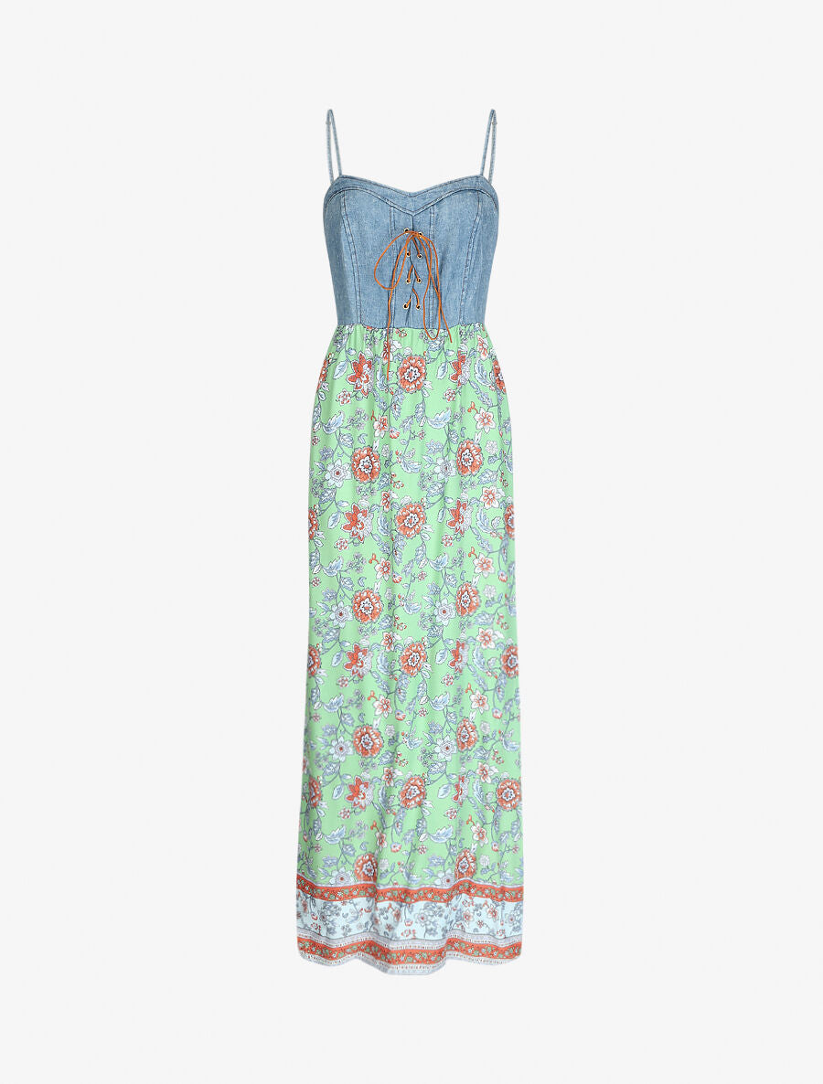 Robe longue bi-matière imprimé fleurs fantaisies - Vert d&