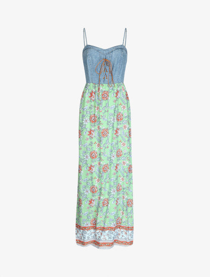 Robe longue bi-matière imprimé fleurs fantaisies - Vert d&