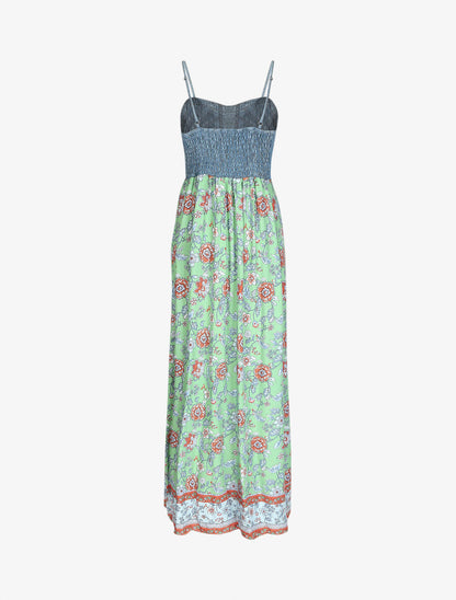 Robe longue bi-matière imprimé fleurs fantaisies - Vert d&