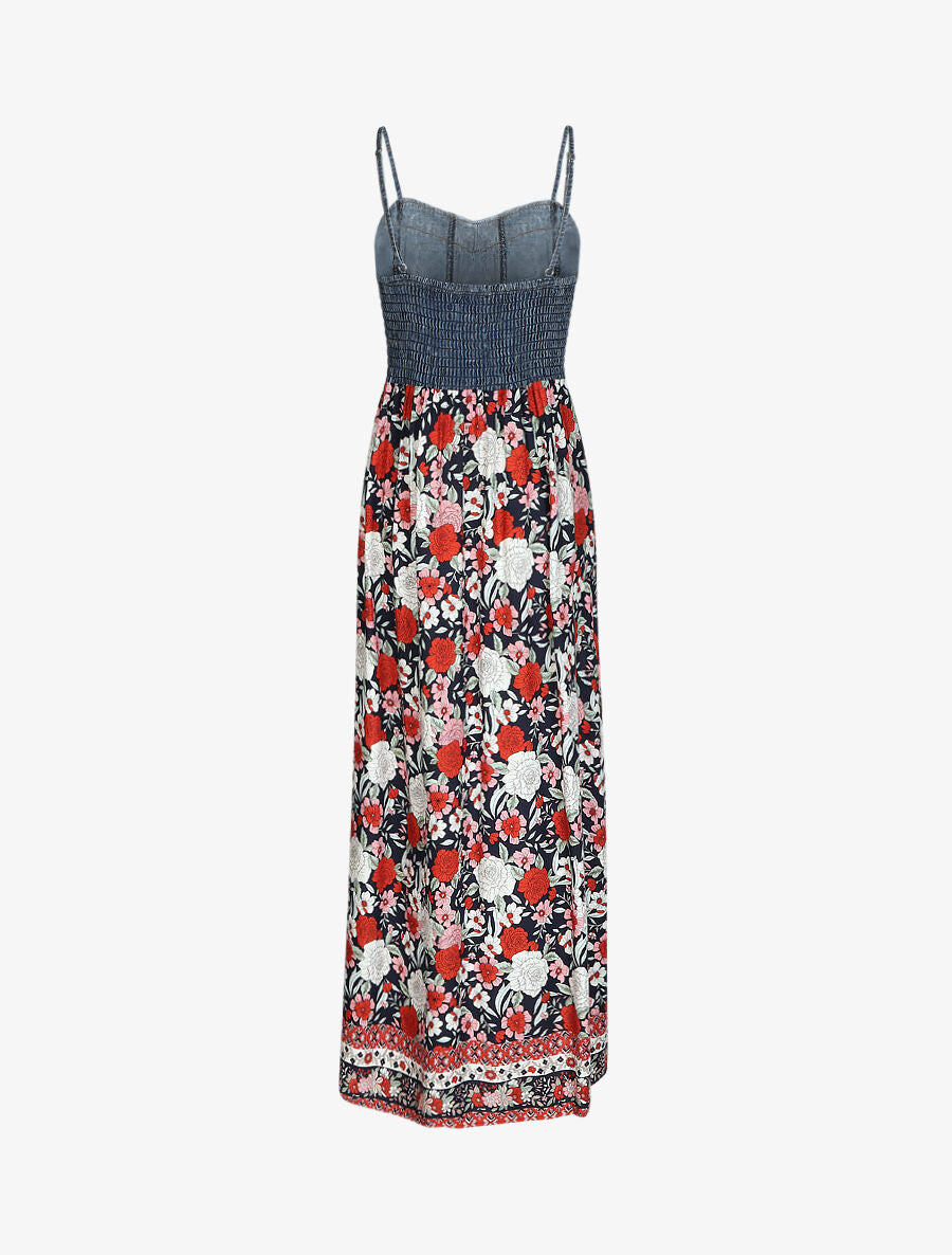 Robe longue bi-matière imprimé roses - Marine - 2