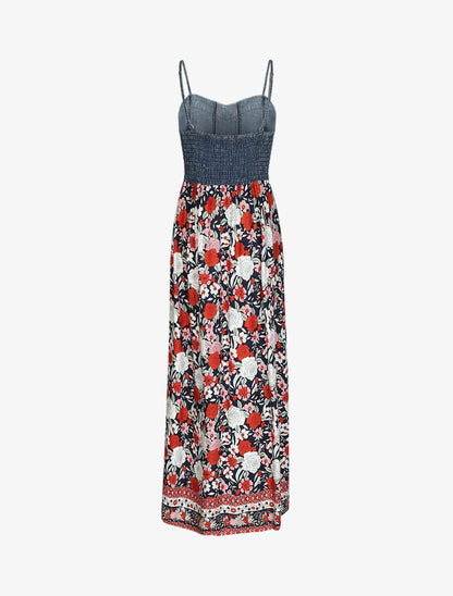 Robe longue bi-matière imprimé roses - Marine - 2