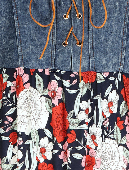 Robe longue bi-matière imprimé roses - Marine - 3
