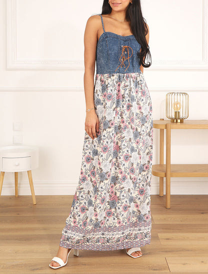 Robe longue bi-matière imprimé roses - Écru - 4