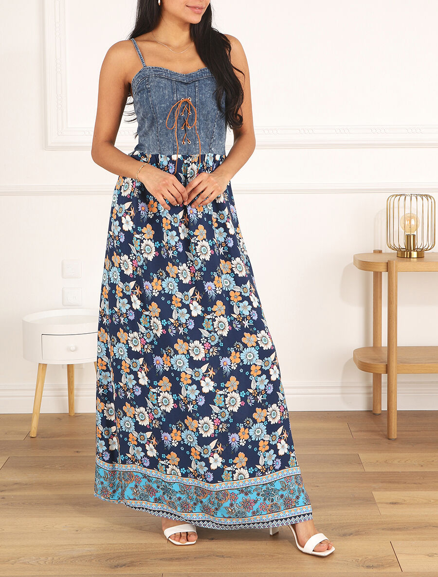 Robe longue bi-matière imprimé fleurs d&