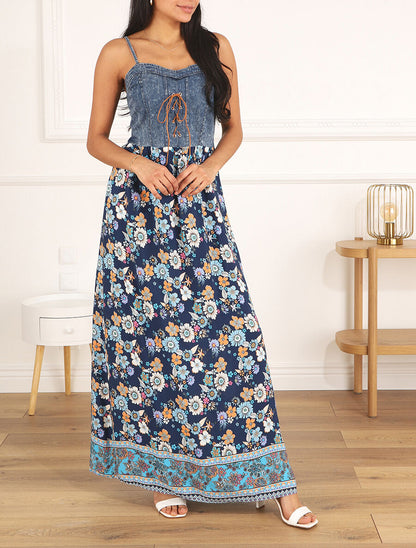 Robe longue bi-matière imprimé fleurs d&