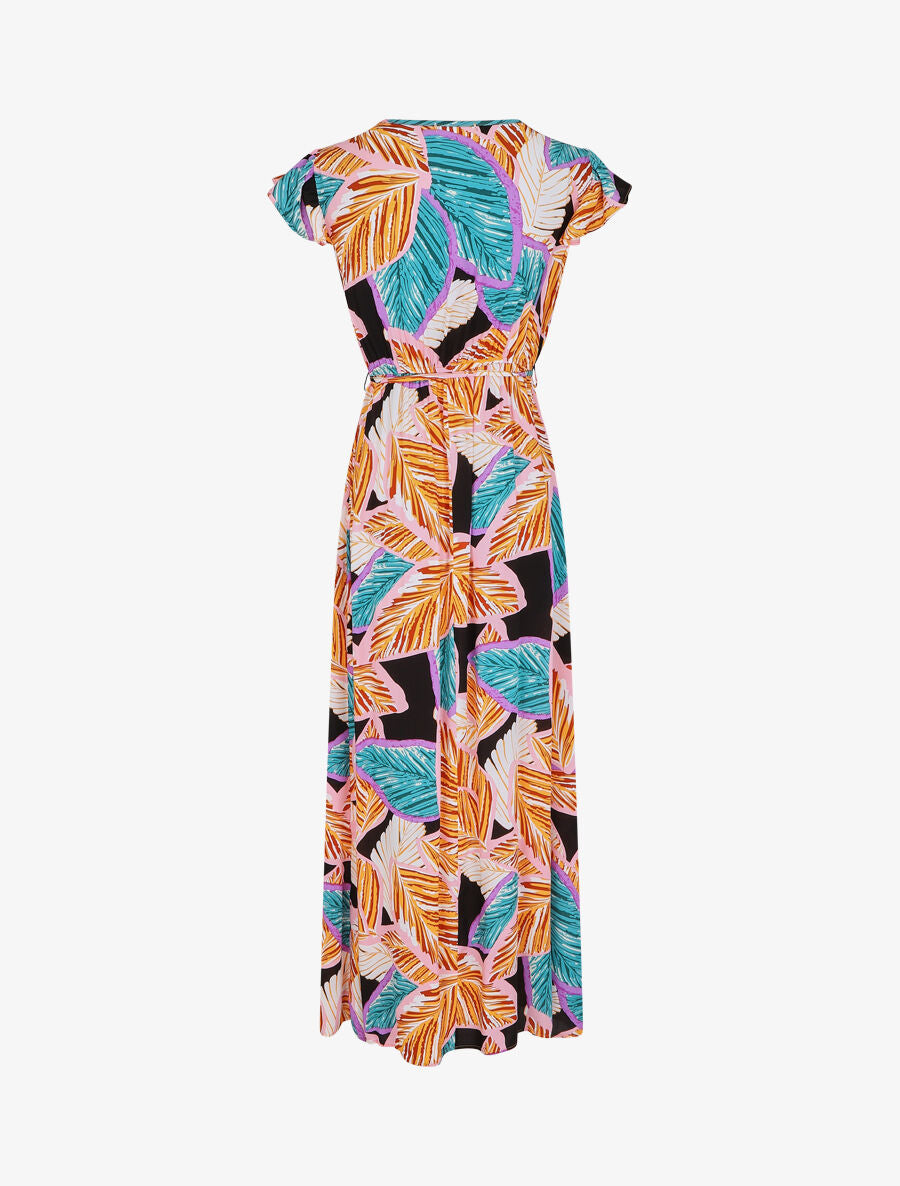 Robe longue col cache-coeur motif feuilles - Orange - 2