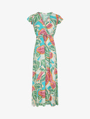Robe longue col cache-coeur motif feuilles - Vert - 1