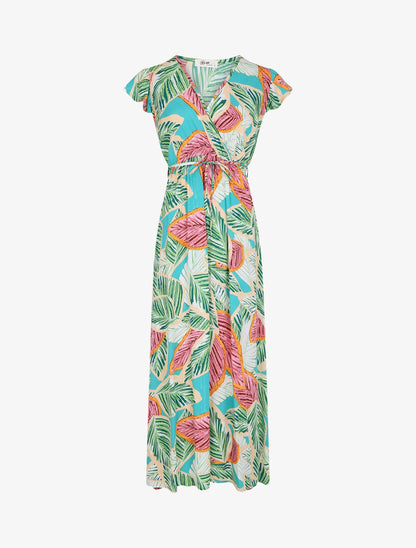 Robe longue col cache-coeur motif feuilles - Vert - 1