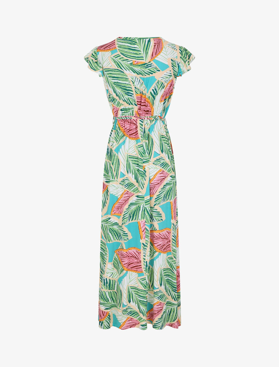 Robe longue col cache-coeur motif feuilles - Vert - 2