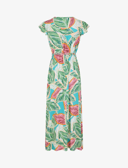 Robe longue col cache-coeur motif feuilles - Vert - 2
