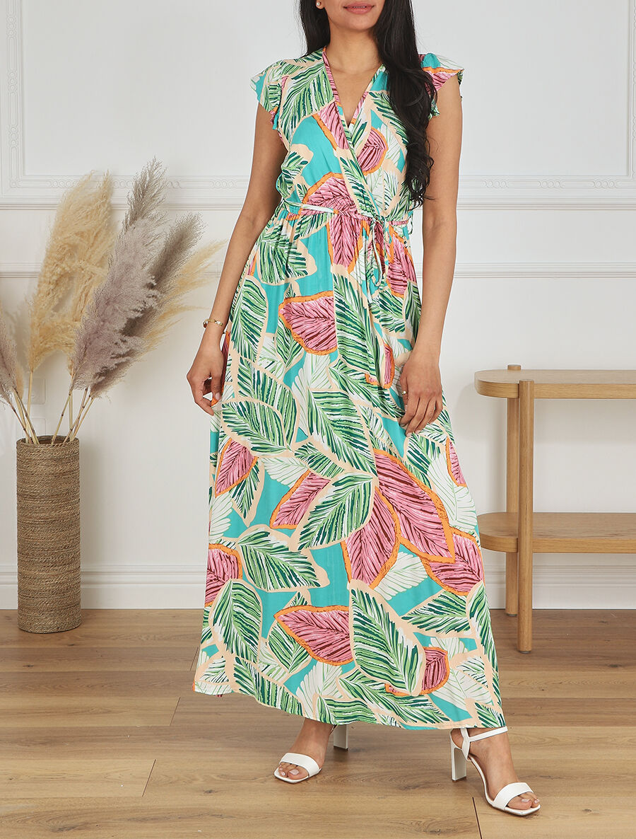 Robe longue col cache-coeur motif feuilles - Vert - 4