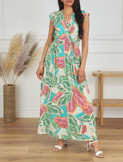 Robe longue col cache-coeur motif feuilles - Vert - 4