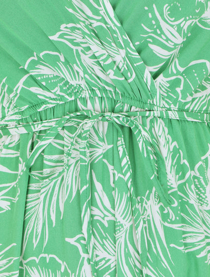 Robe longue col cache-coeur motif tropical - Vert - 4