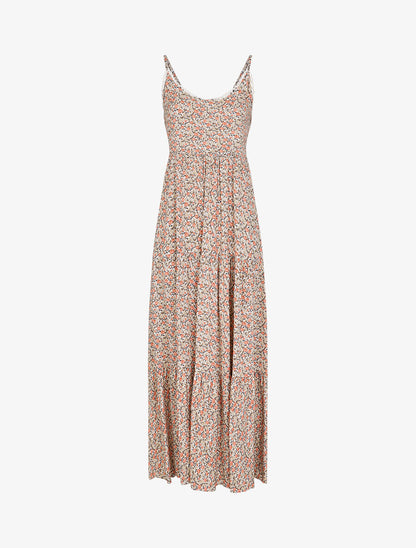 Robe longue à fleurs et fines bretelles - Beige - 5