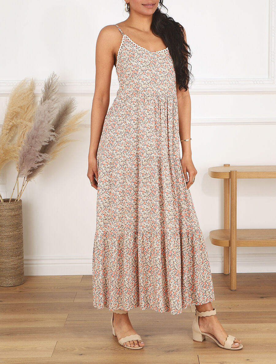 Robe longue à fleurs et fines bretelles - Beige - 4