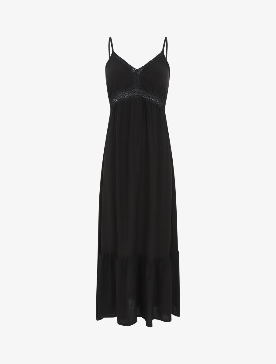 Robe longue unie à dentelle ajourée - Noir - 4