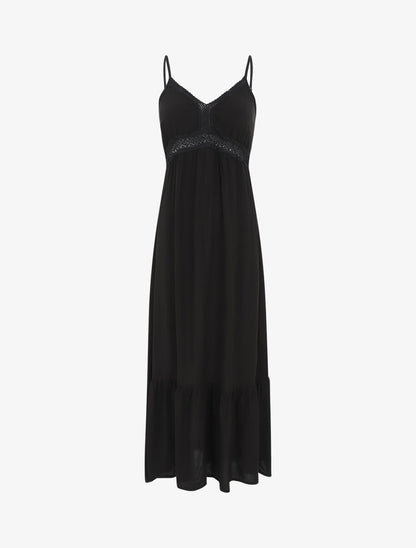Robe longue unie à dentelle ajourée - Noir - 4